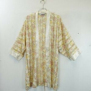 Vintage ETIENNE‎ Kimono Robe Womens SMALL Yellow Floral Nightwear Dressing Gown